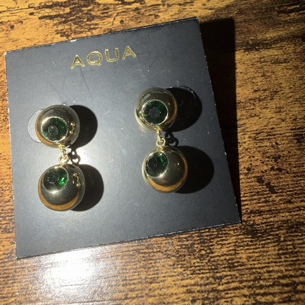 Aqua Emerald Gemstone Drop Earrings Gold Tone - Picture 3 of 4